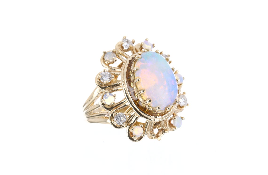 Deco Vintage Antique Opal Diamond Cocktail Ring