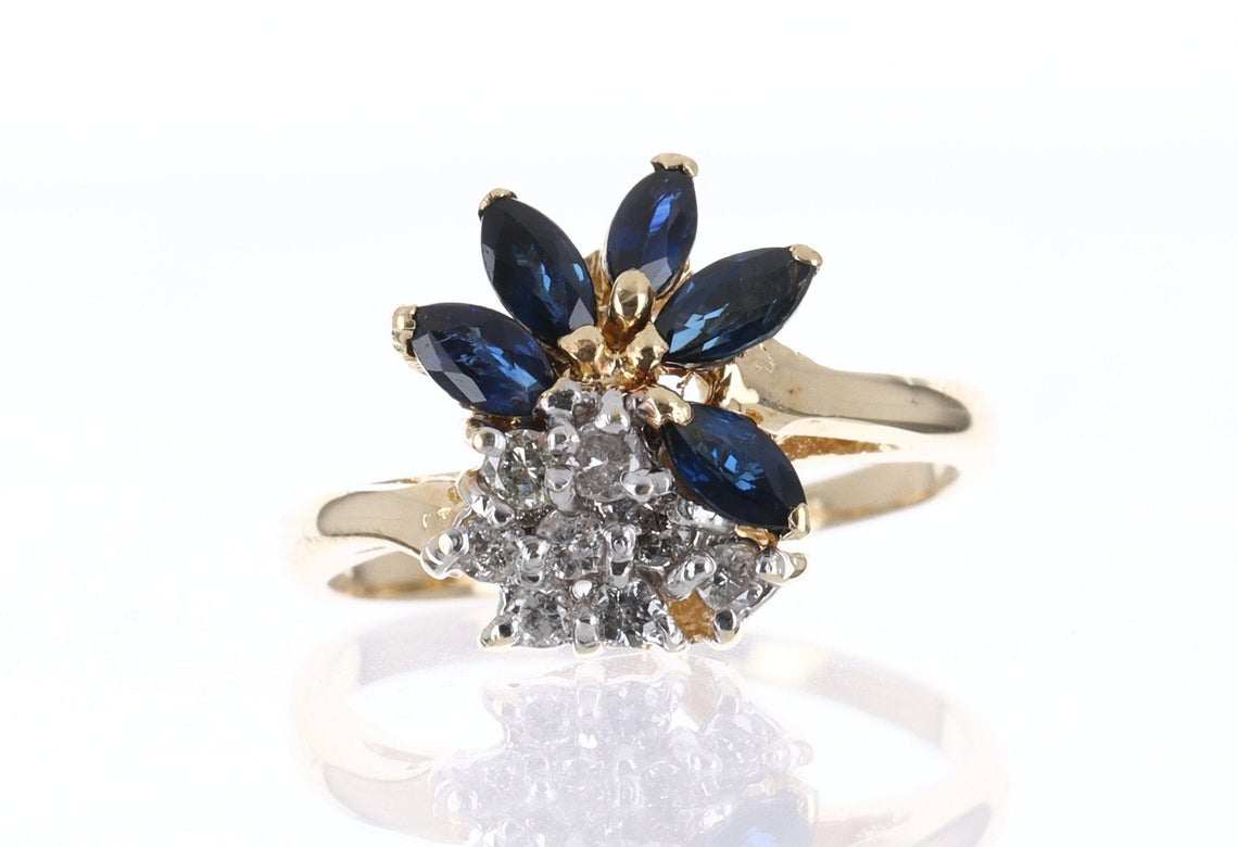 Vintage Sapphire Diamond Spray Ring 14K Gold Cocktail Estate Fine Jewelry