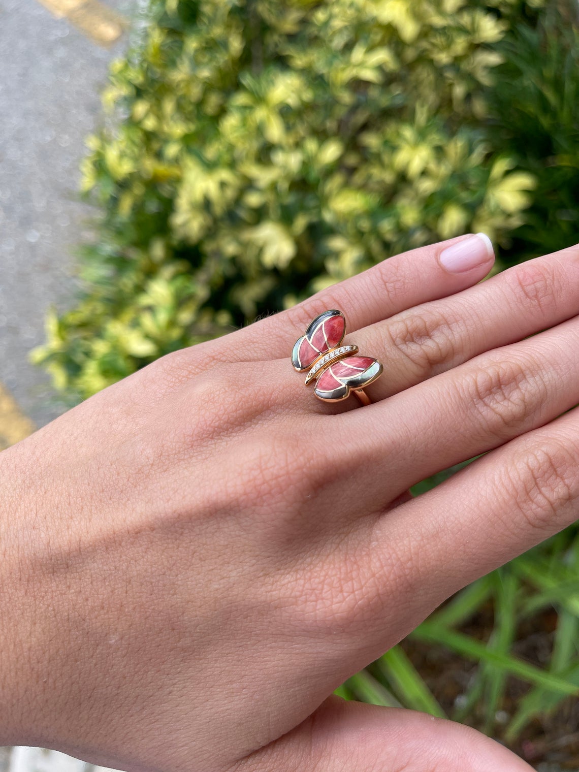 Mother of Pearl & Agate Butterfly Ring Rose Gold 18K