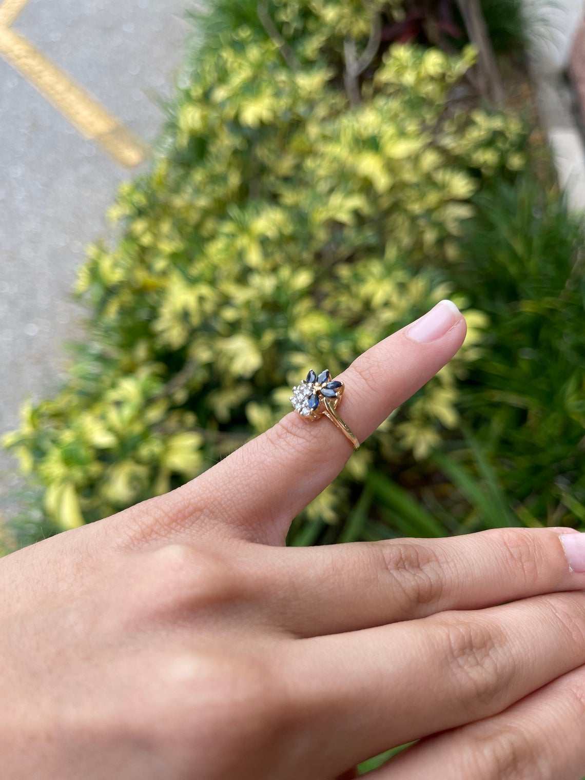 marquise blue sapphire and white diamond vintage ring