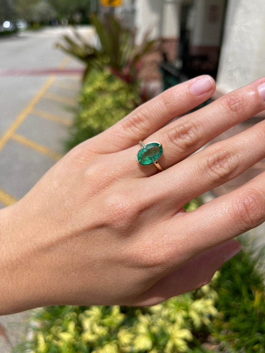 Classic Oval Emerald Three Stone Ring with Trillion Cut Side Diamonds  (2.25cttw) AA Quality
