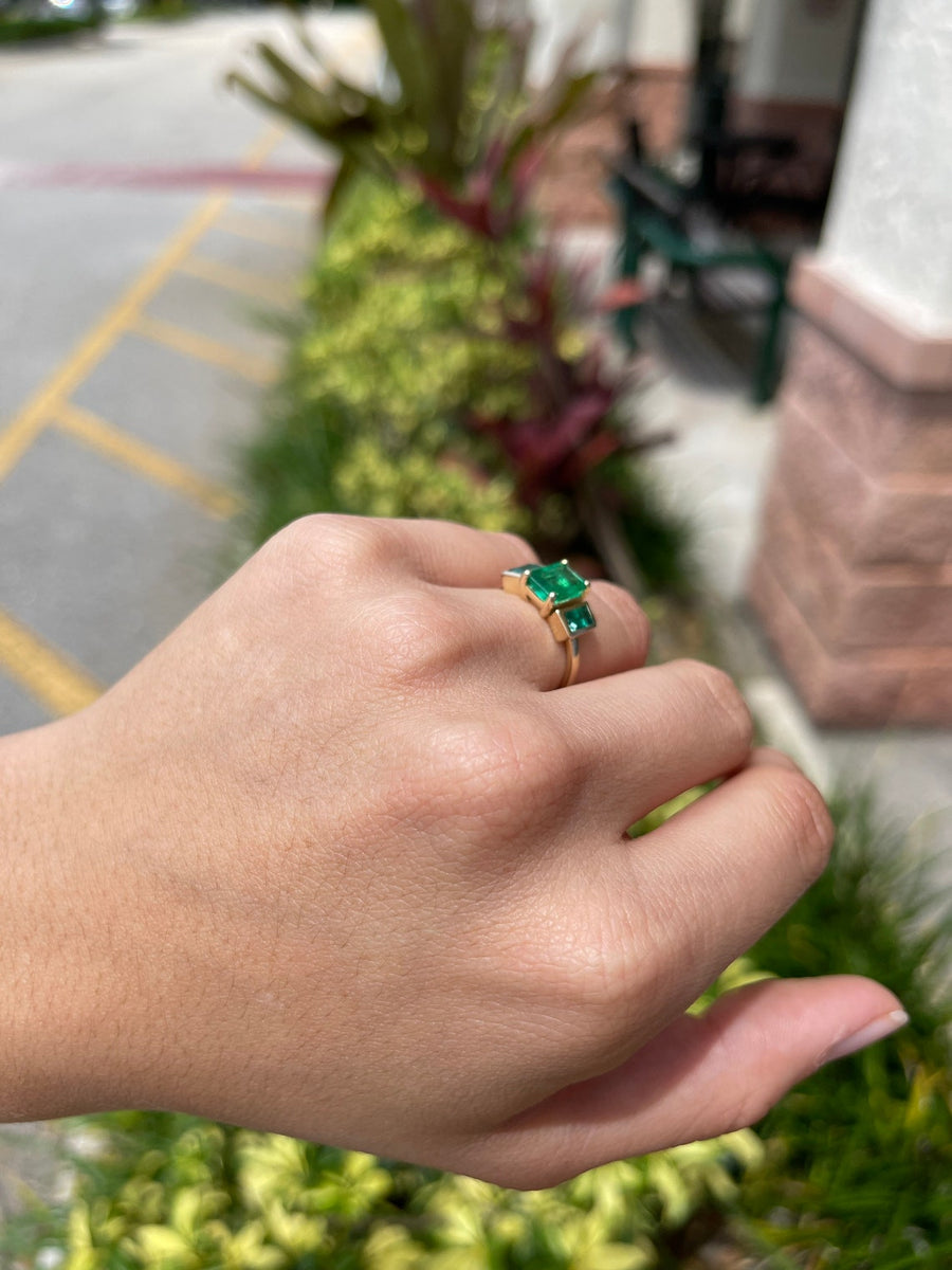 Green Emerald and Emerald Accent Gold Prong & Bezel Ring
