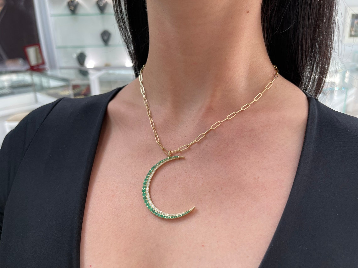 2.31tcw 14K Emerald & Diamond Crescent Moon 