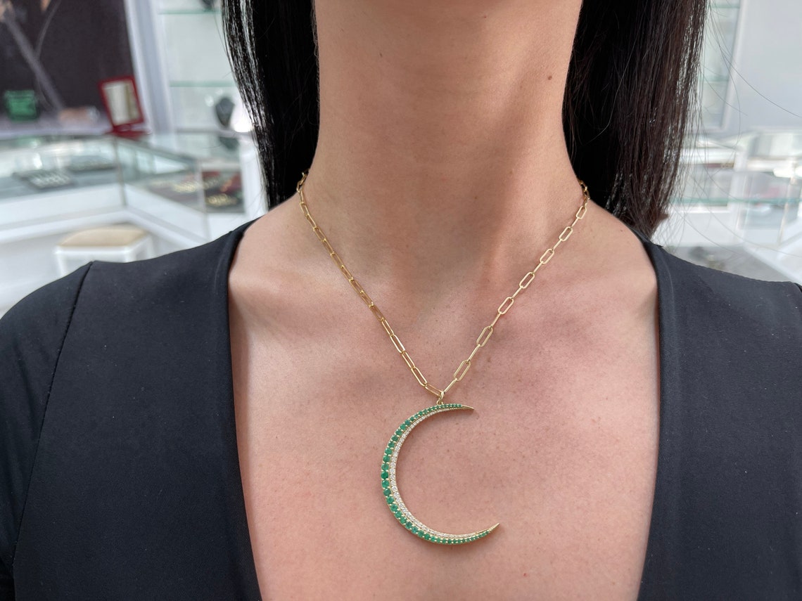 2.31tcw 14K Emerald & Diamond Crescent  Pendant