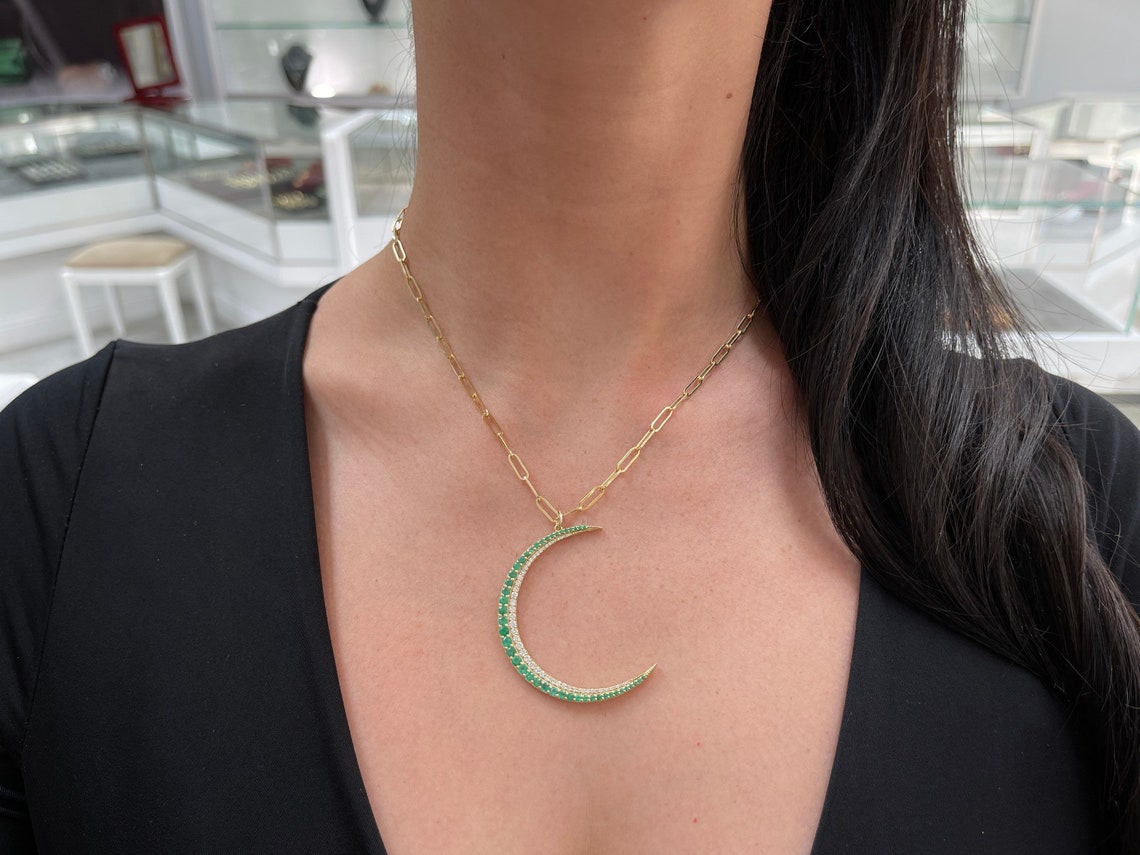 14K Emerald & Diamond Crescent Moon Pendant