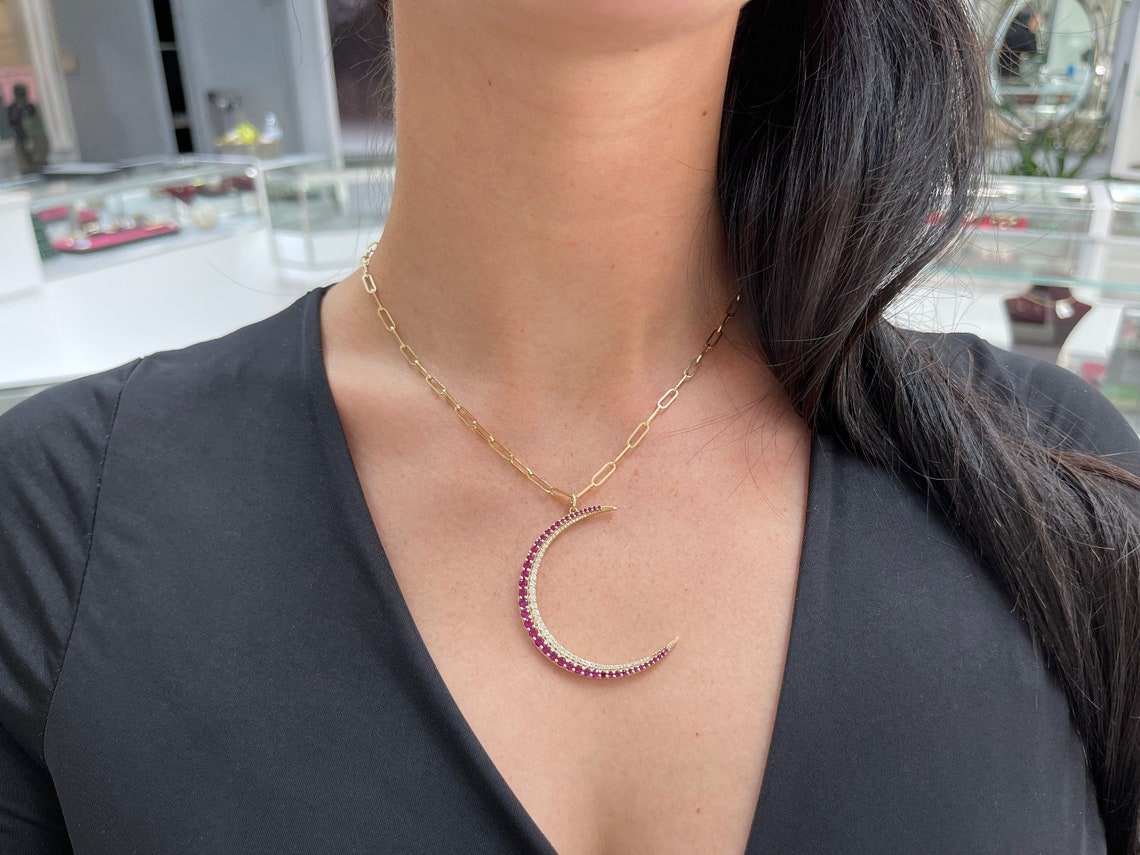 14K Ruby & Diamond Crescent Moon Pendant