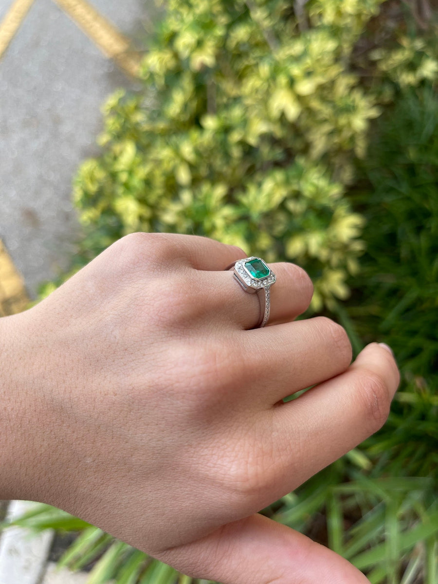 Emerald & Diamond Halo Platinum Ring