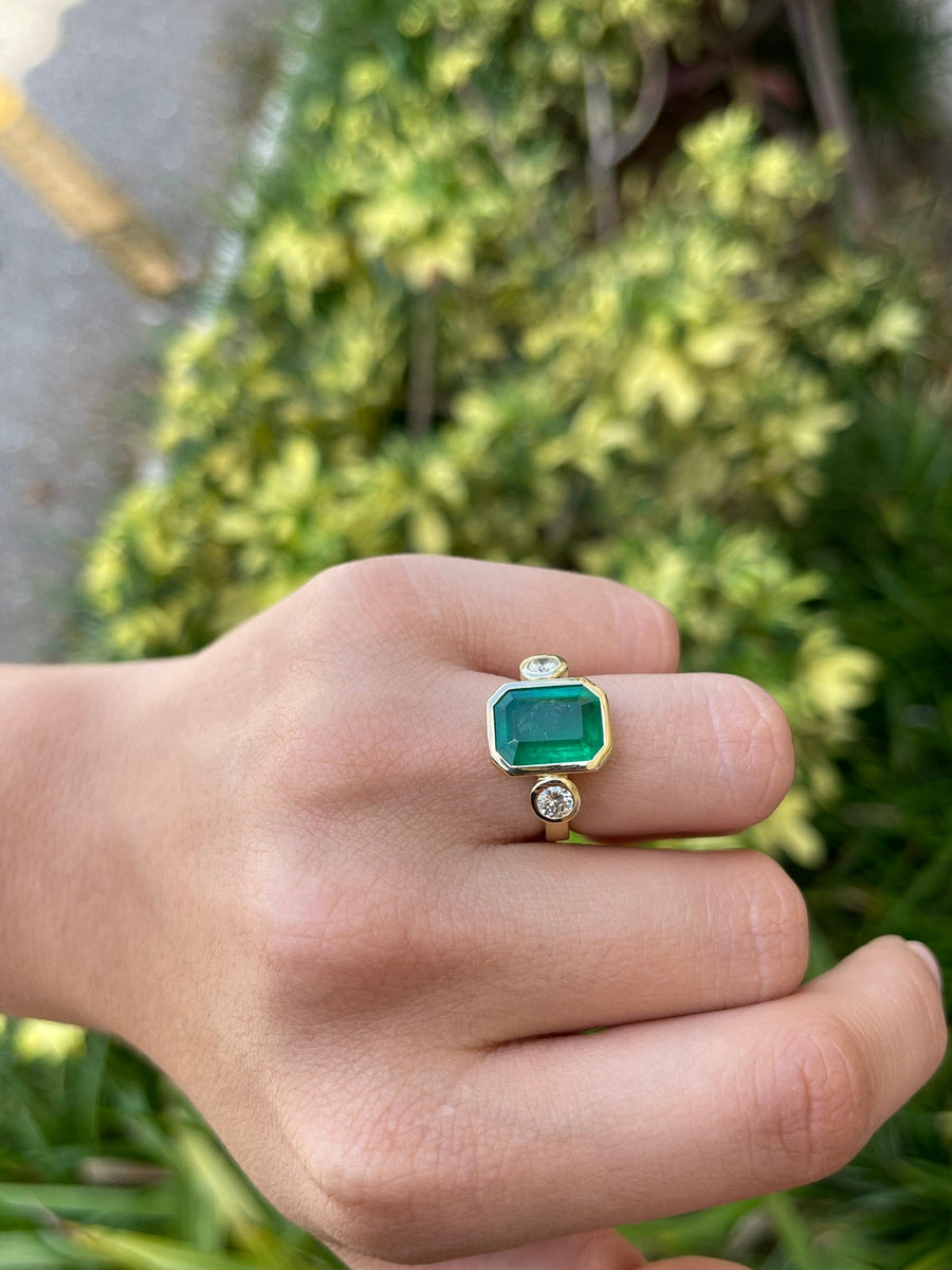 4.16tcw Three Stone Dark Green Colombian Emerald & Diamond Ring 18K