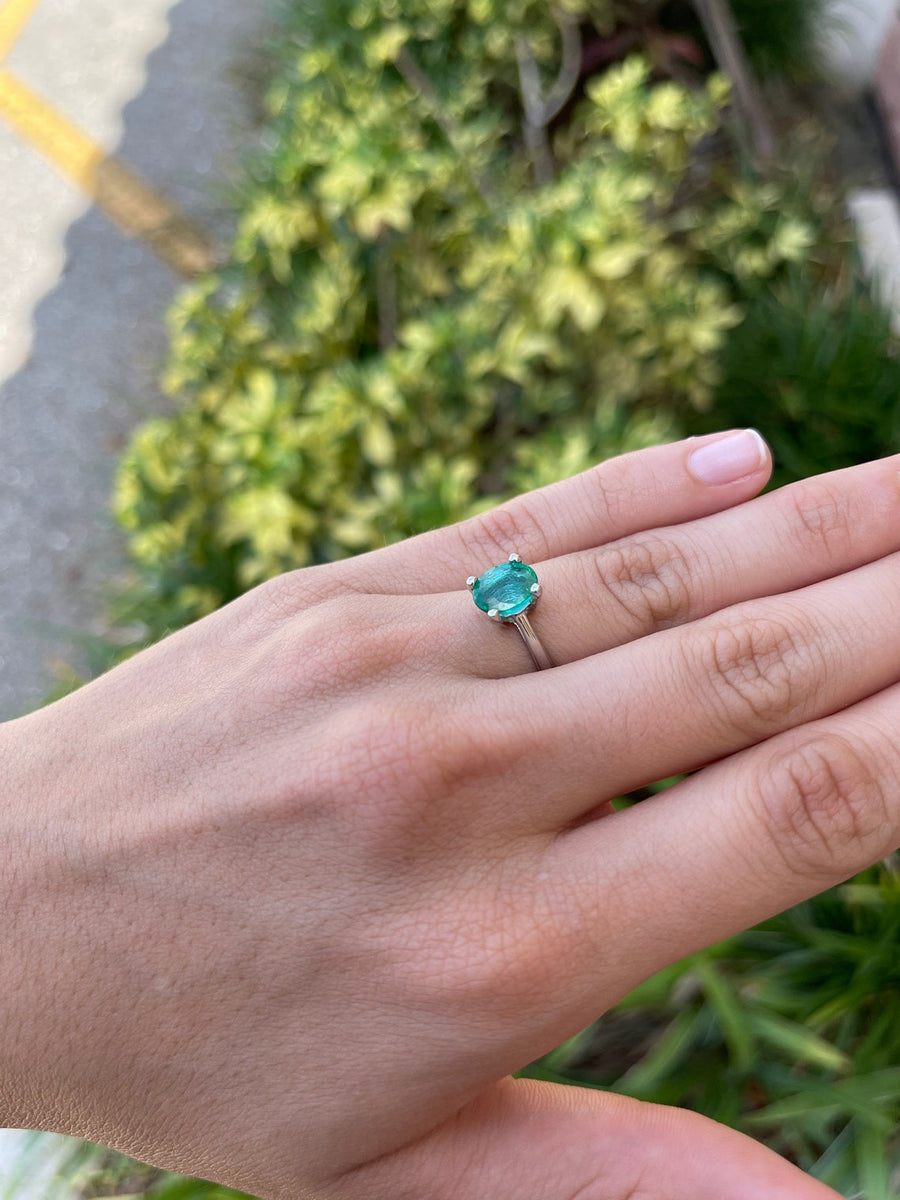 Exquisite 1.77cts Dark Bluish Green Oval Cut Emerald Solitaire Ring - Elegant 14K Setting