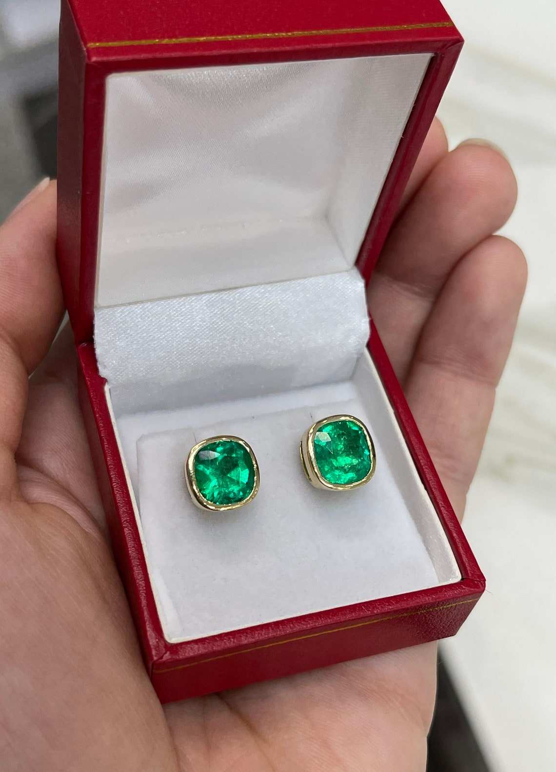 AAA+ 5.46tcw Top Quality Colombian Emerald Cushion Cut Bezel Set Stud Earrings 18K