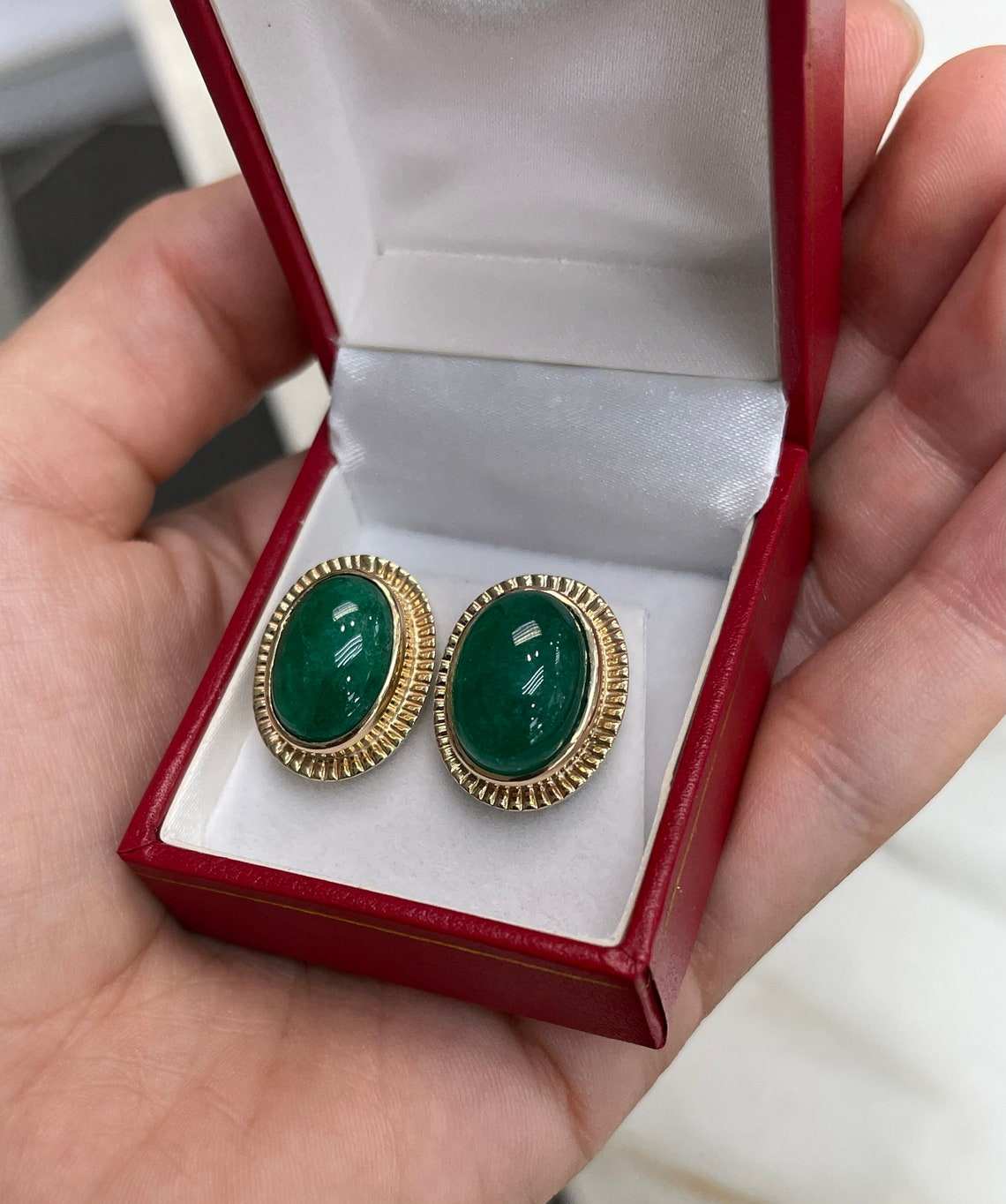 Huge 19.04tcw Oval Cabochon Dark Green Colombian emerald Bezel Hand Carved Stud 14K gift for her