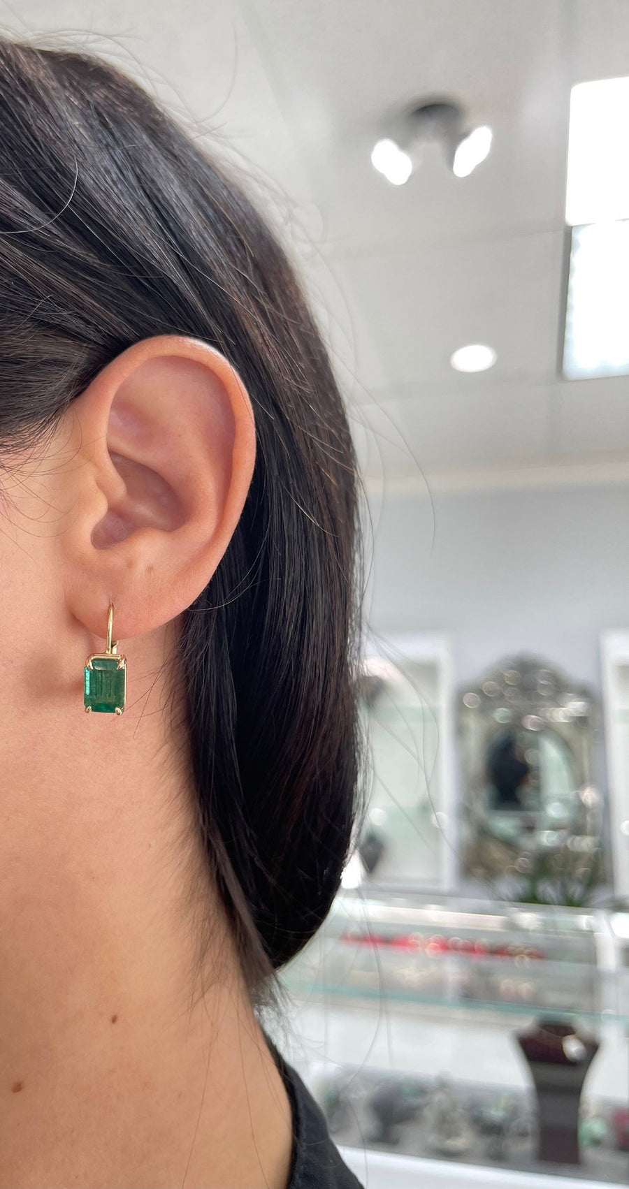 5.0tcw Vivid Green Good Grade Emerald-Emerald Cut Lever Back Earrings