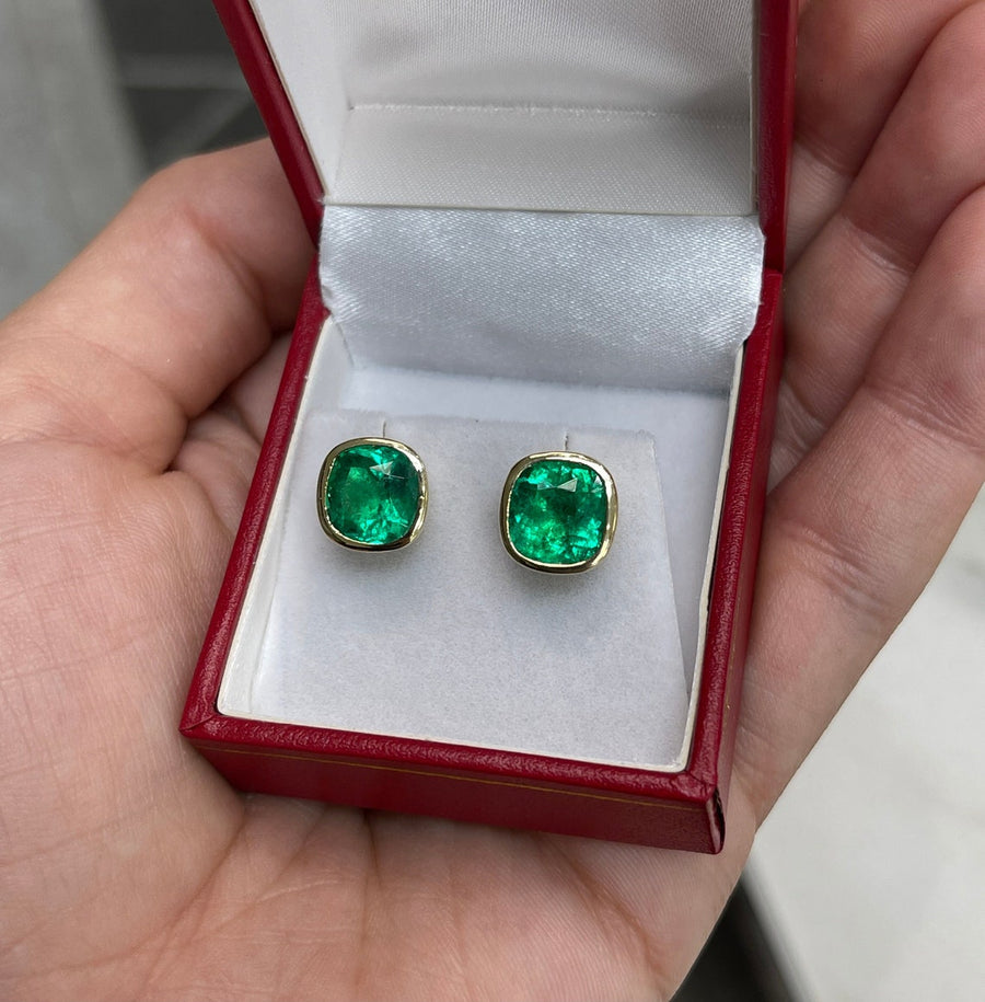 5.46tcw Top Quality 18K Emerald Cushion Cut Bezel Set Stud Earrings