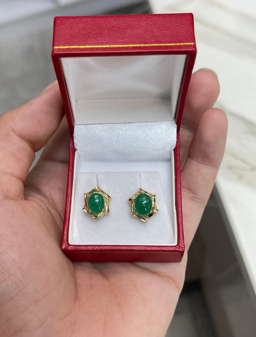 6.0tcw Natural Emerald Oval Cut Cabochon Victoria Earrings 14K
