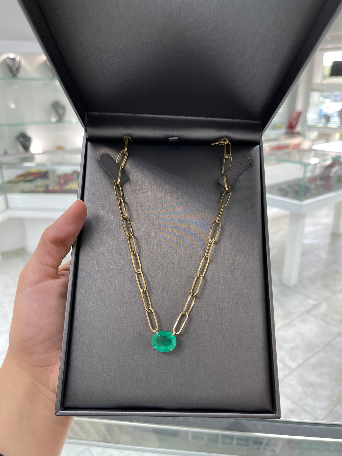 12.41 carat Colombian emerald necklace 14K gold statement piece