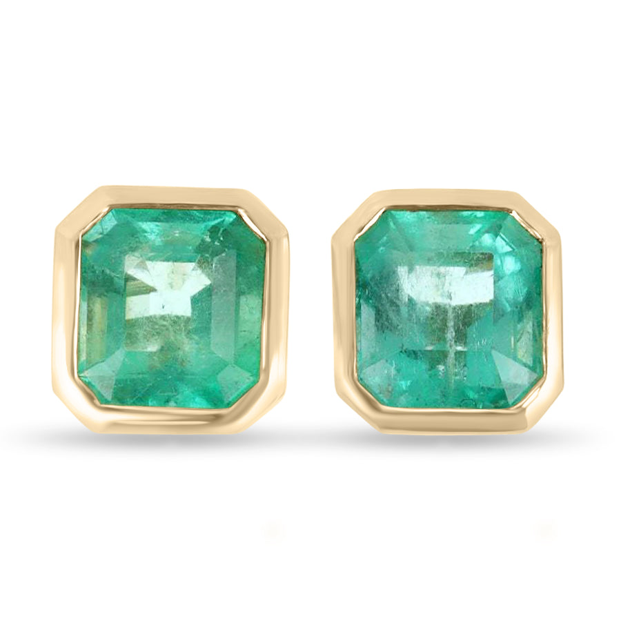 Statement 5.0tcw Bezel Set Asscher Cut Colombian emerald earrings 18K