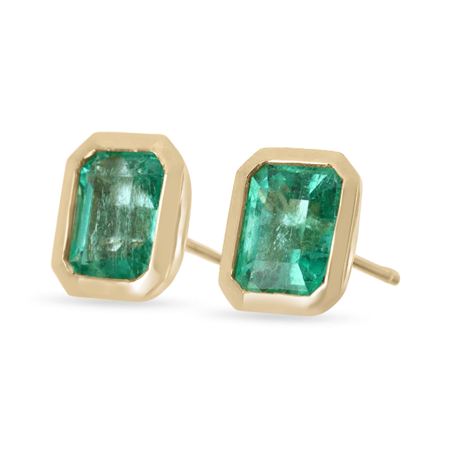 3.70tcw 18K Statement Rich Green Natural Emerald Bezel Stud Earrings Gold