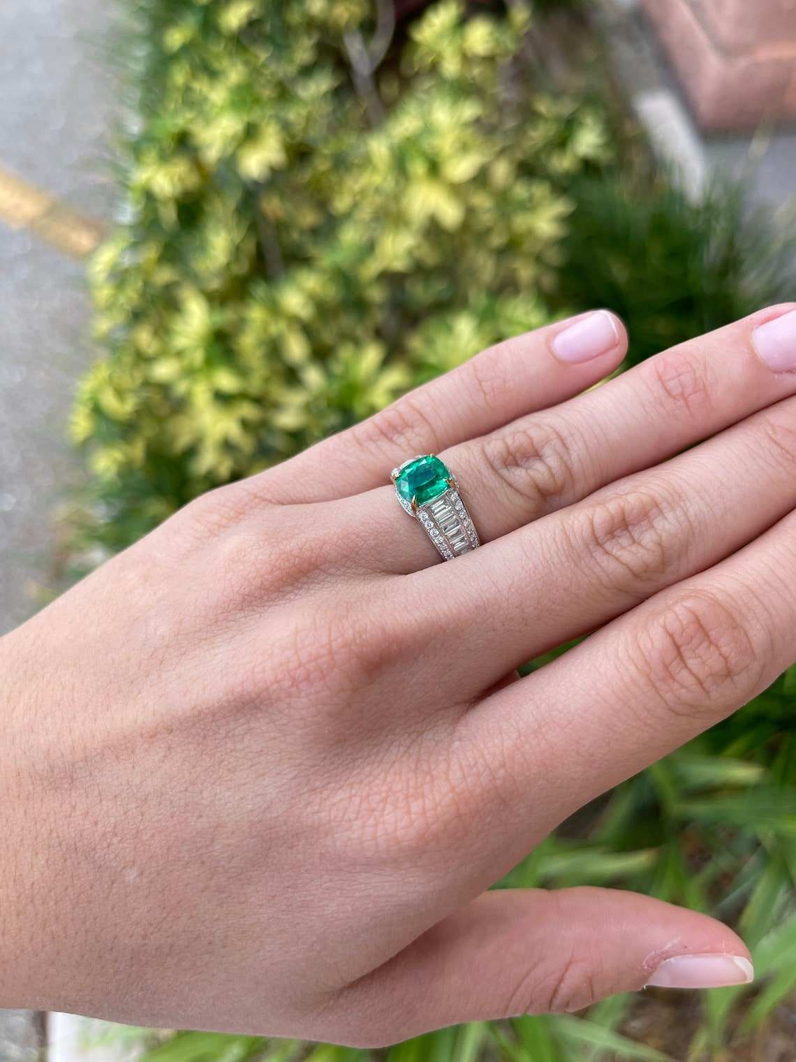 3.35tcw AAA+ Cushion Cut Emerald & Diamond Shank