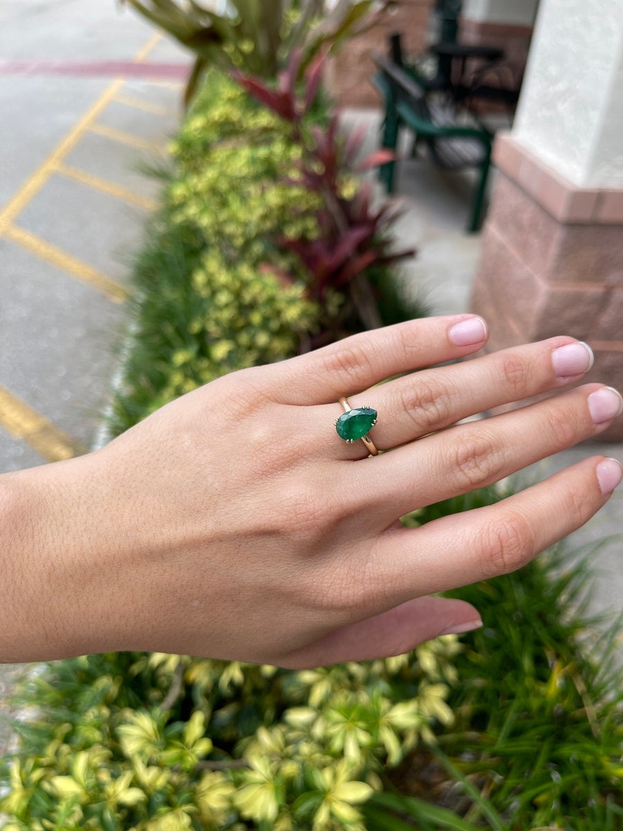 Chic and Sophisticated: Pear Shaped Emerald Solitaire 2.10cts Ring in 14K Gold