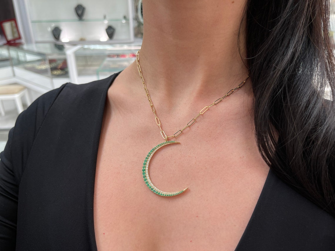 2.31tcw 14K Emerald & Diamond Crescent Moon 