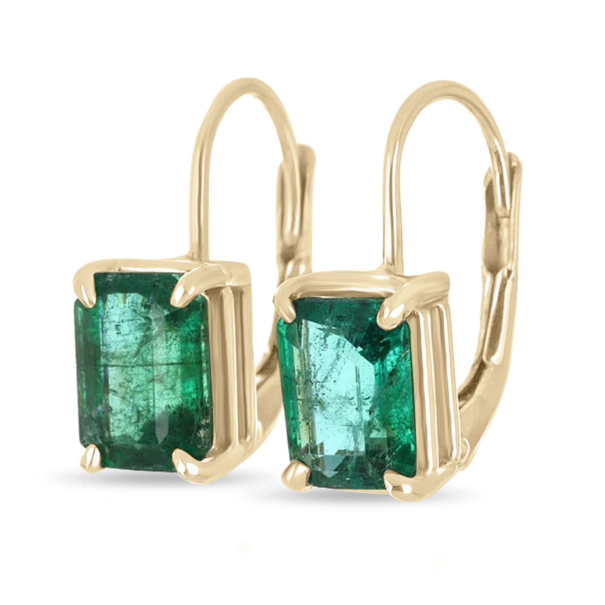 5.0tcw Vivid Green Good Grade Emerald-Emerald Cut Lever Back Dangle Earrings 14K