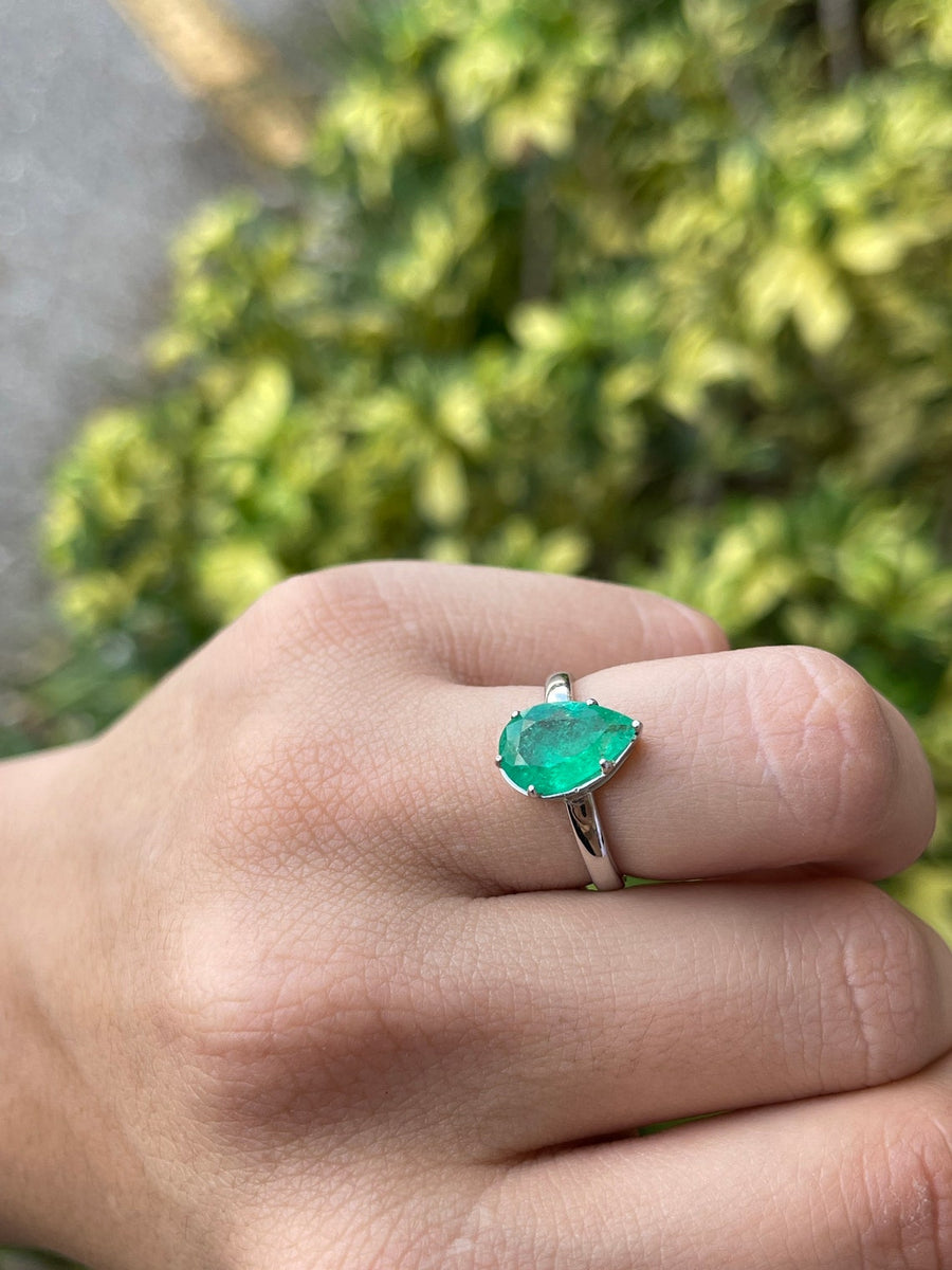 Radiant 14K Gold Ring with 1.65cts Pear Emerald in Georgian Style Multi Prong Solitaire Setting