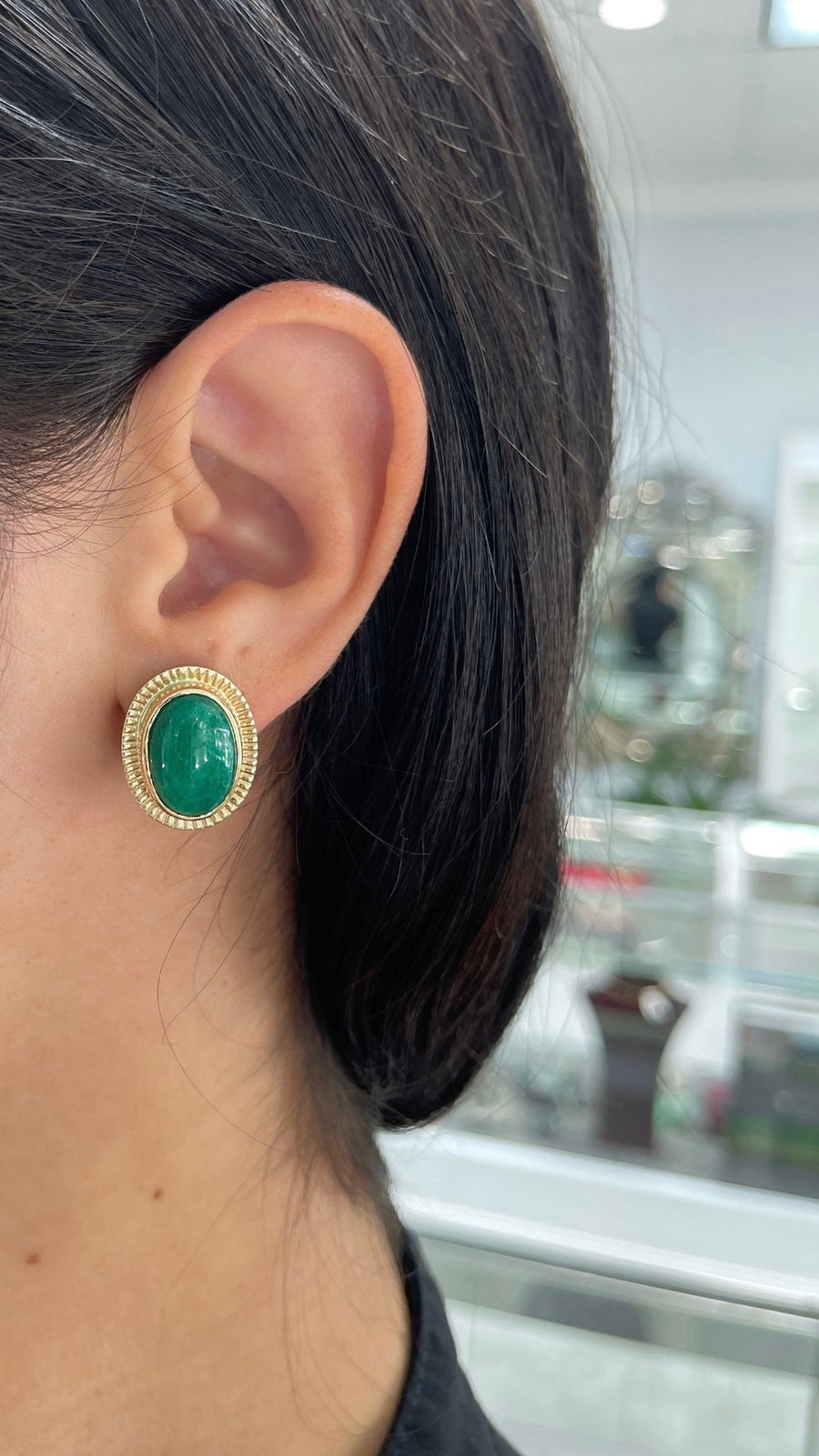 19.04tcw Natural Dark Green Emerald Oval Cabochon Victoria Vintage Bezel Earrings on ear