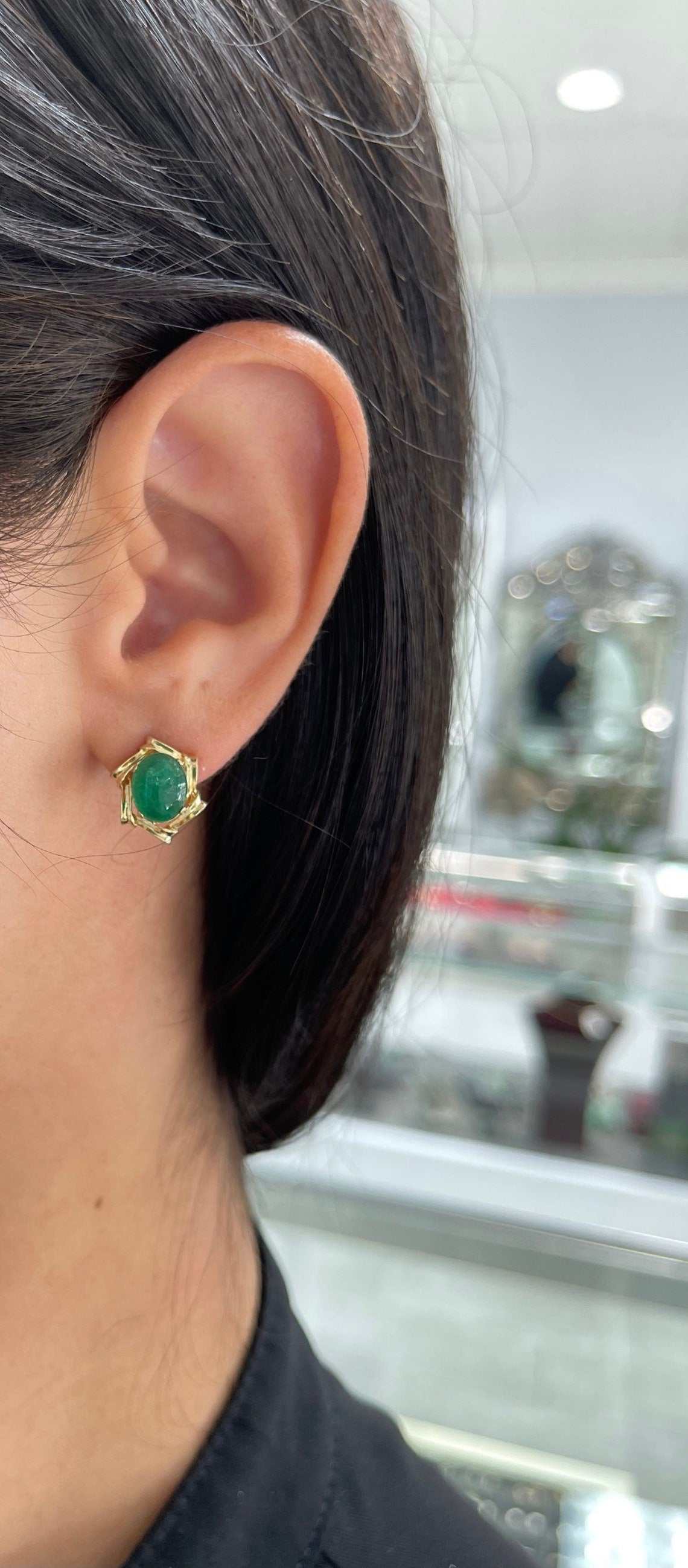 6.0tcw Natural Emerald Oval Cut Cabochon Victoria Earrings 14K women