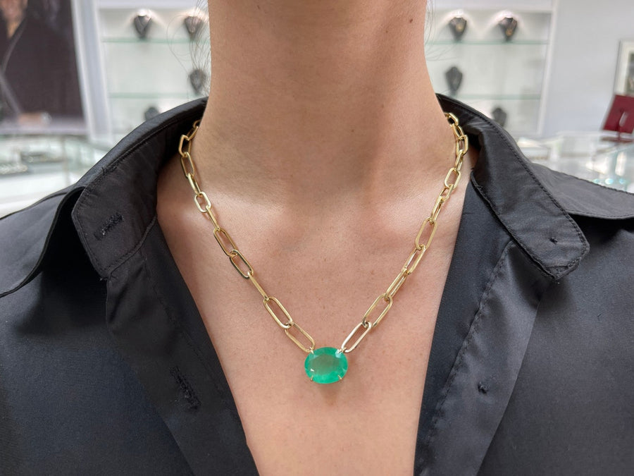 12.41ct 14K East to West Oval Colombian Emerald Heirloom Necklace