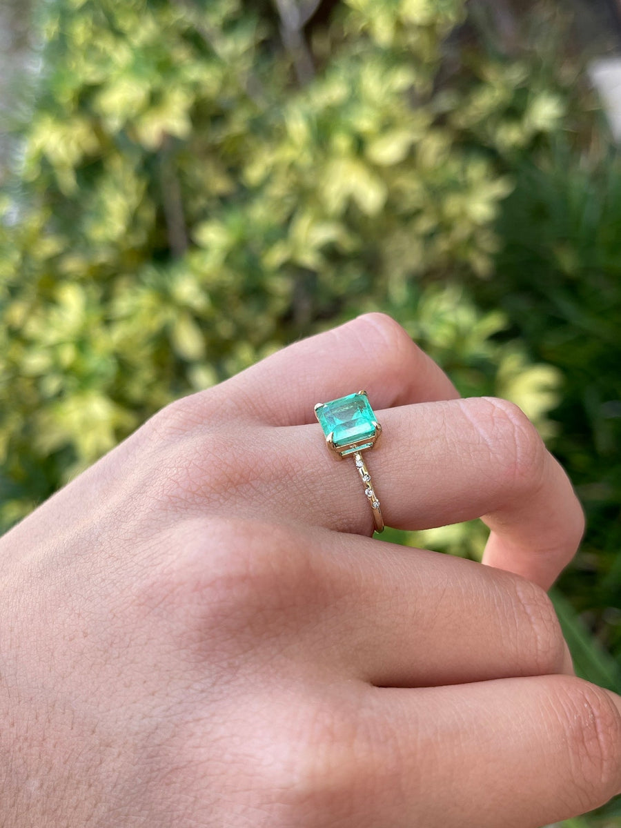 14K Solitaire Colombian Emerald & Sprinkled Diamond Accent Ring