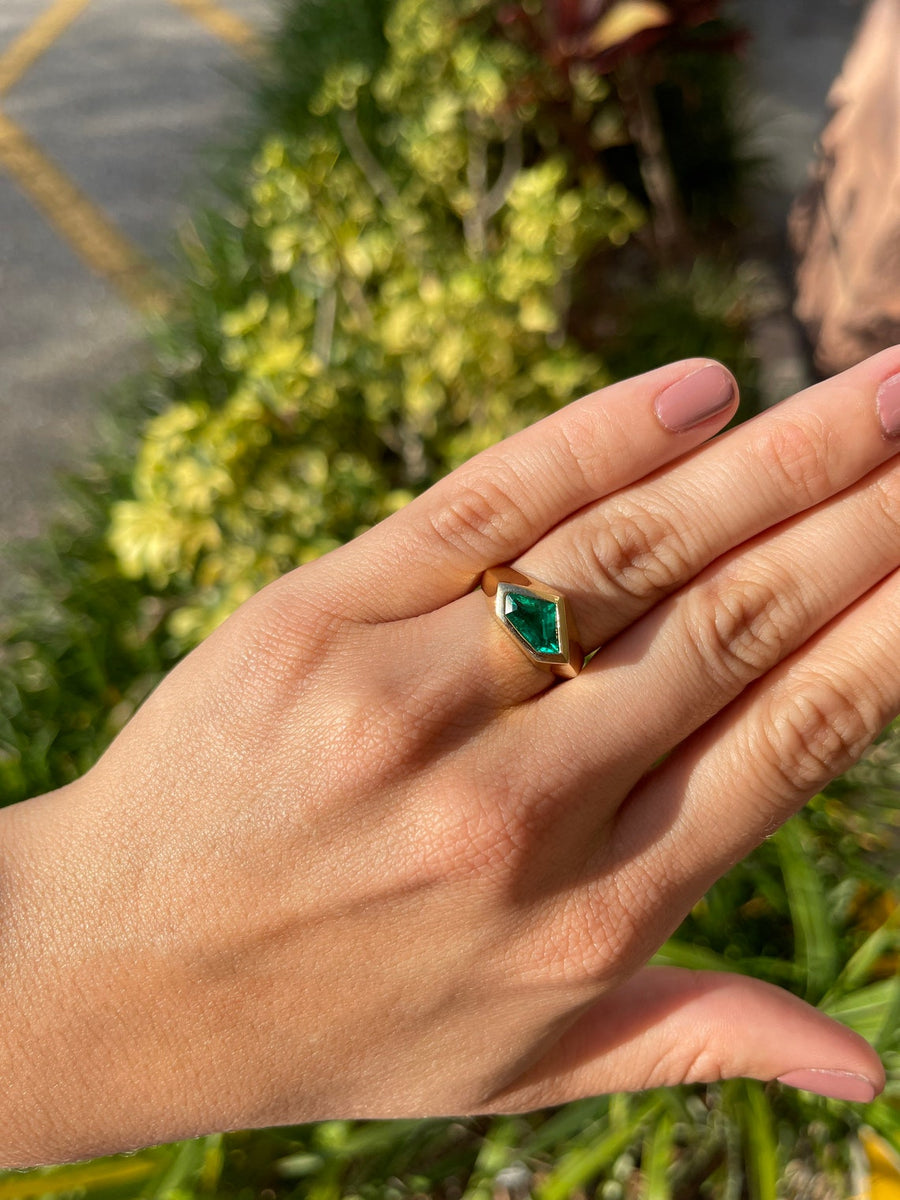 Bezel Set Superman Cut Emerald Solitaire Ring