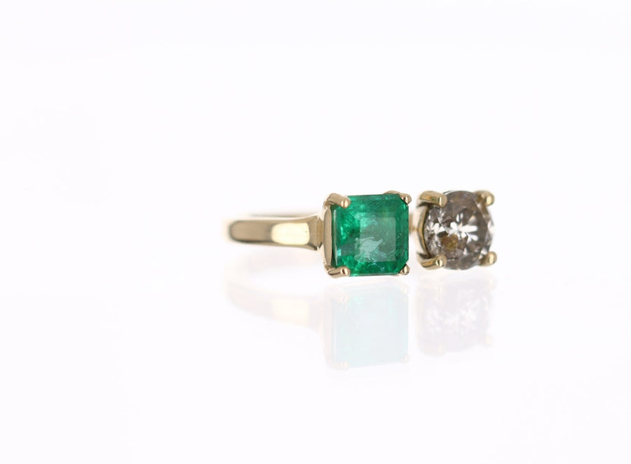 Natural Asscher 2.54tcw Emerald & Round Diamond Cuff Toi Et Moi Ring 14K