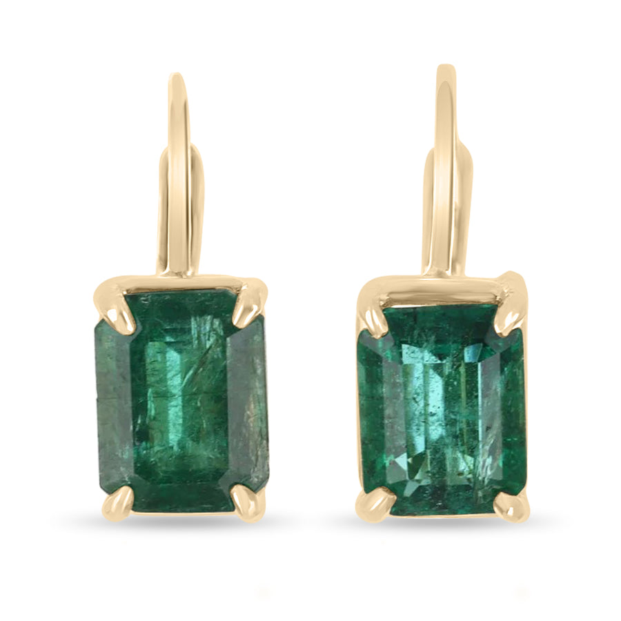 5.0tcw Vivid Green Good Grade Emerald-Emerald Cut Lever Back Earrings 14K