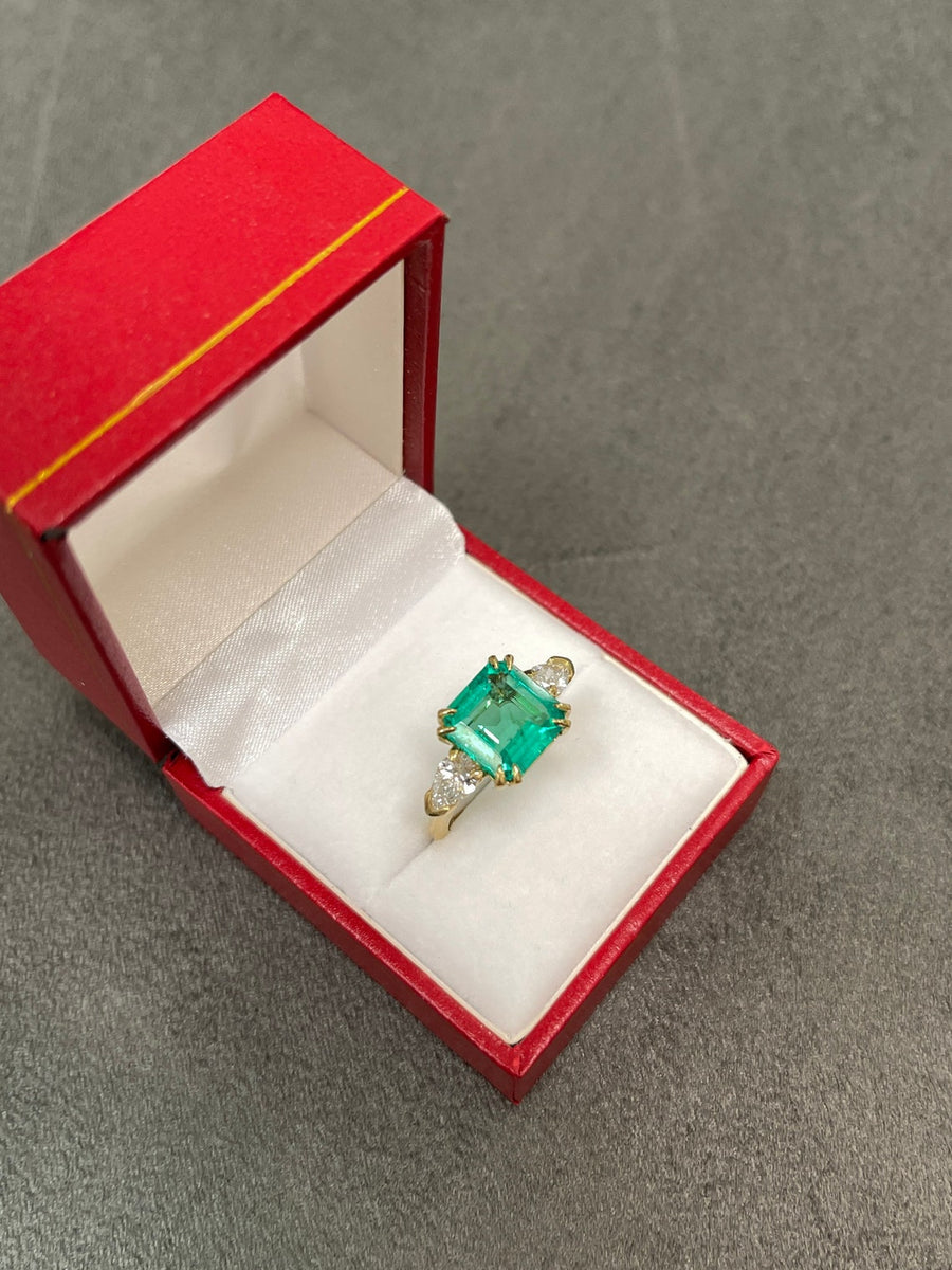 18K Three Stone Emerald & Pear Diamond Earrings