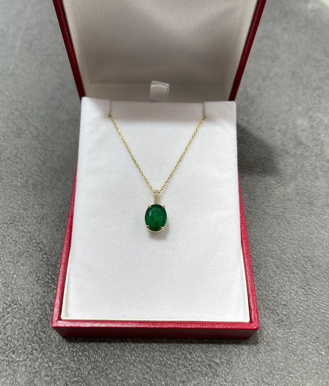 2.82tcw Deep Dark Green Natural Oval Cut Emerald & Diamond Pendant 18K - JR Colombian Emeralds