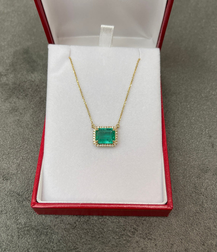 4.0tcw East To West Natural Rare Bluish Green Rectangle Emerald & Diamond Halo Stationary Necklace 14K gift for her