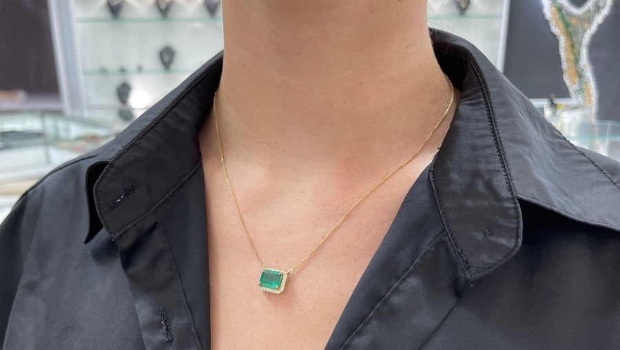 4CT Real Large Blue Green Rectangle Real Emerald & Diamond Halo Stationary East To West Necklace 14K on womens neck 