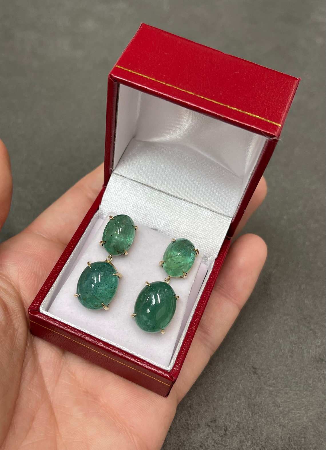 28.80tcw Large Natural Cabochon Emerald Dangle Drop Earrings 14K