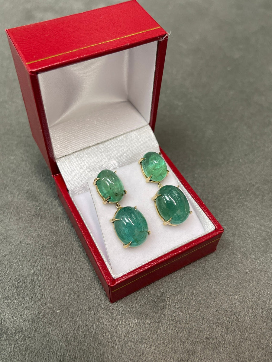28.80tcw Large Natural Cabochon Emerald Dangle Drop Earrings 14K