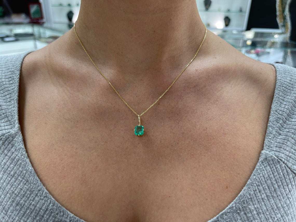  Colombian Emerald Medium Green Classic Solitaire Pendant 14K