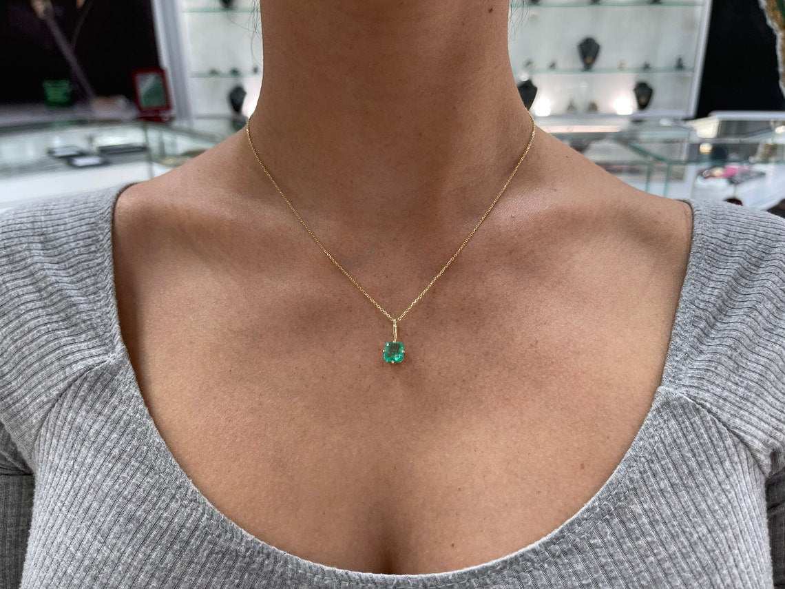  Colombian Emerald Medium Green Classic Solitaire Pendant 14K