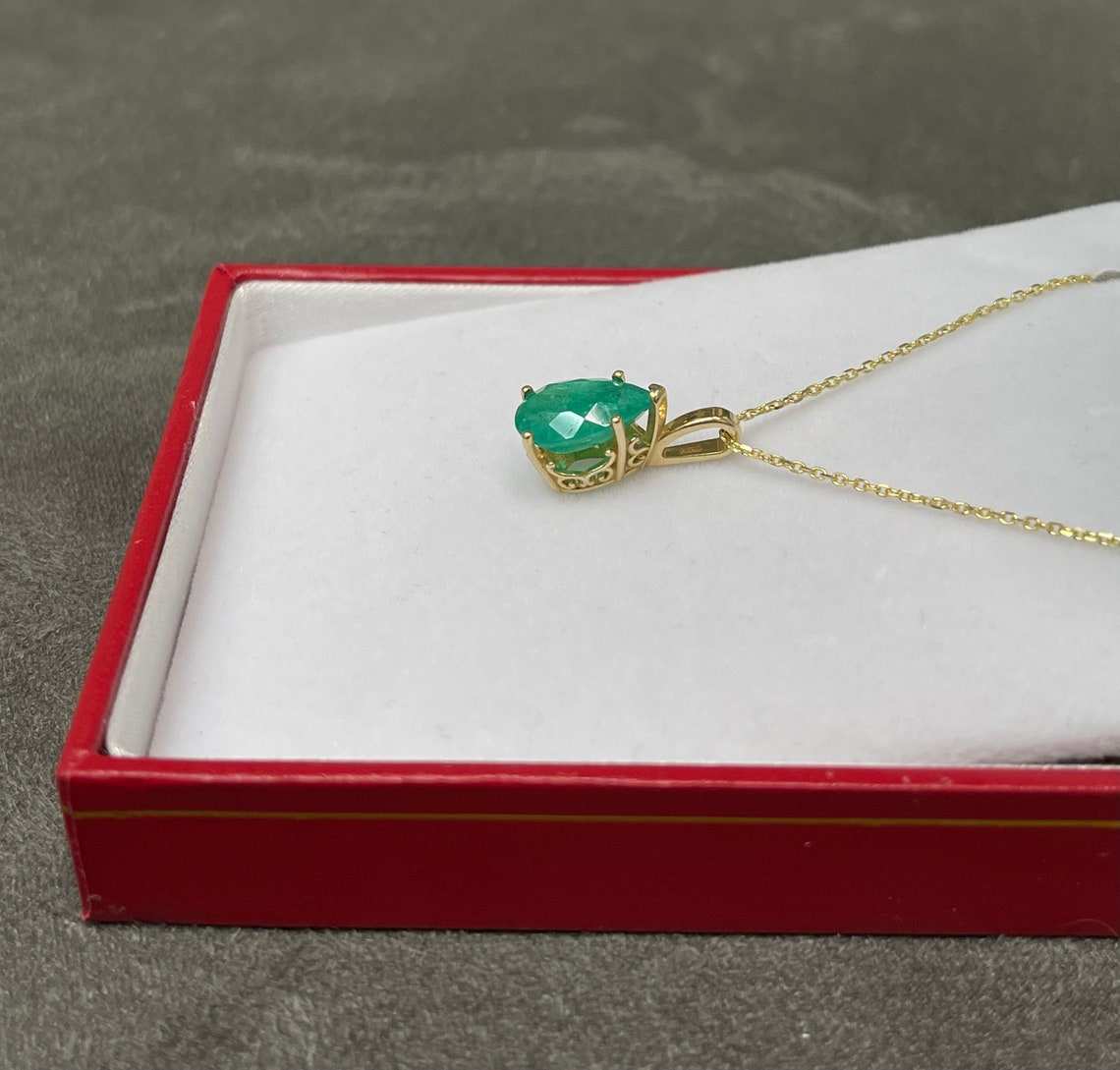 Medium Green Colombian Emerald Pear Solitaire Pendant 14K