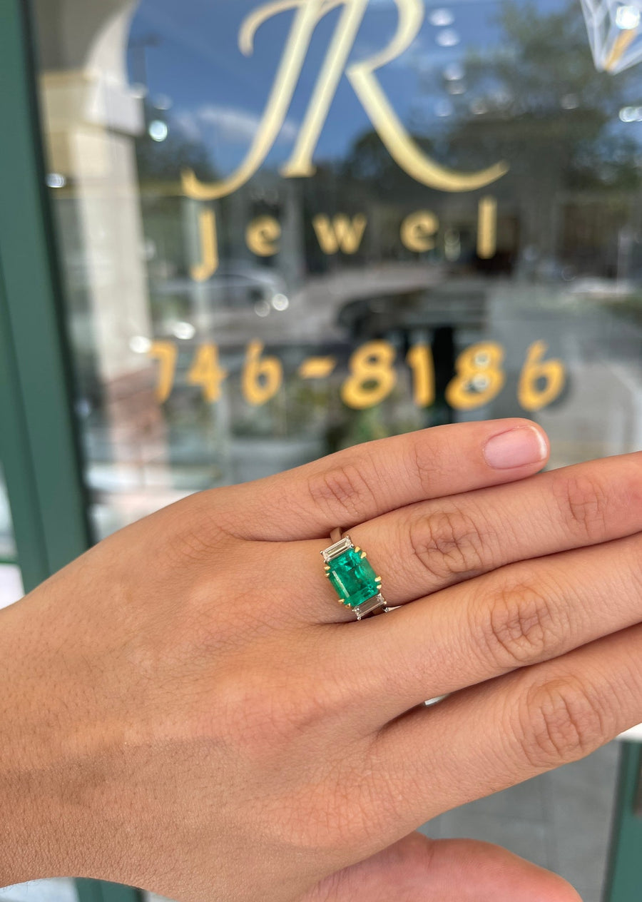 3.21tcw Beautiful Three Stone Colombian Emerald Two Toned Engagement Ring 18K
