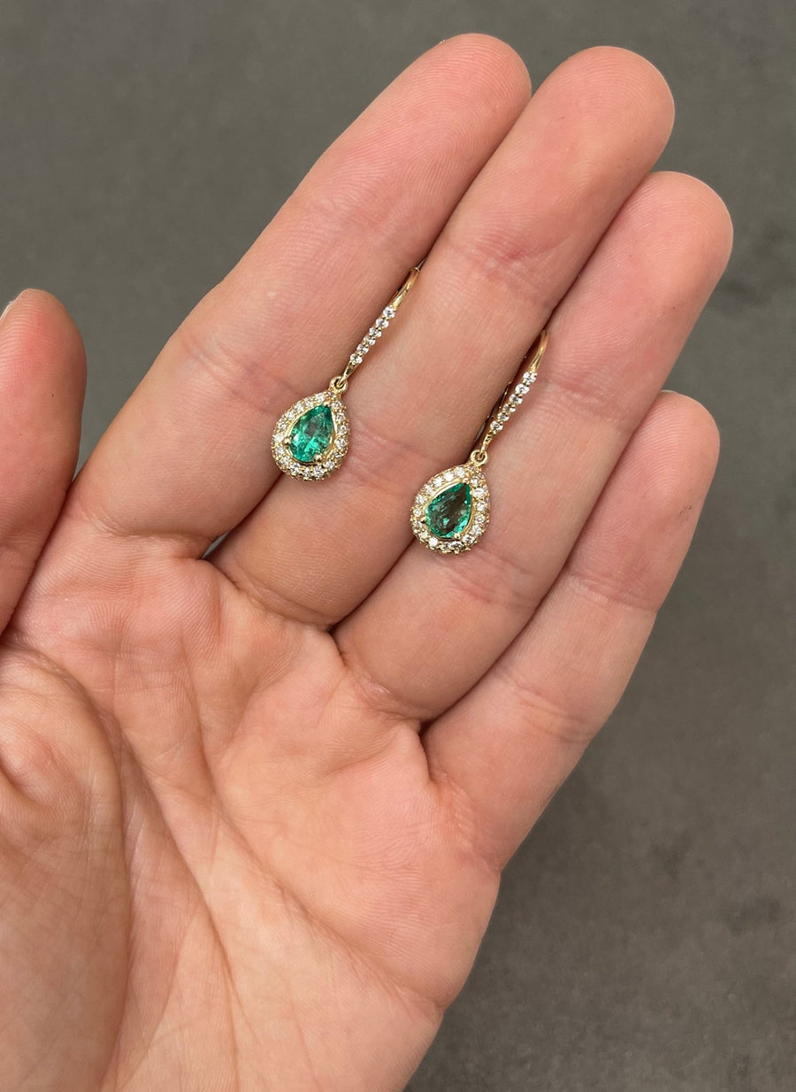 2.50tcw Colombian Emerald & Pave Diamond Teardrop Lever Back Hook Earrings 14K