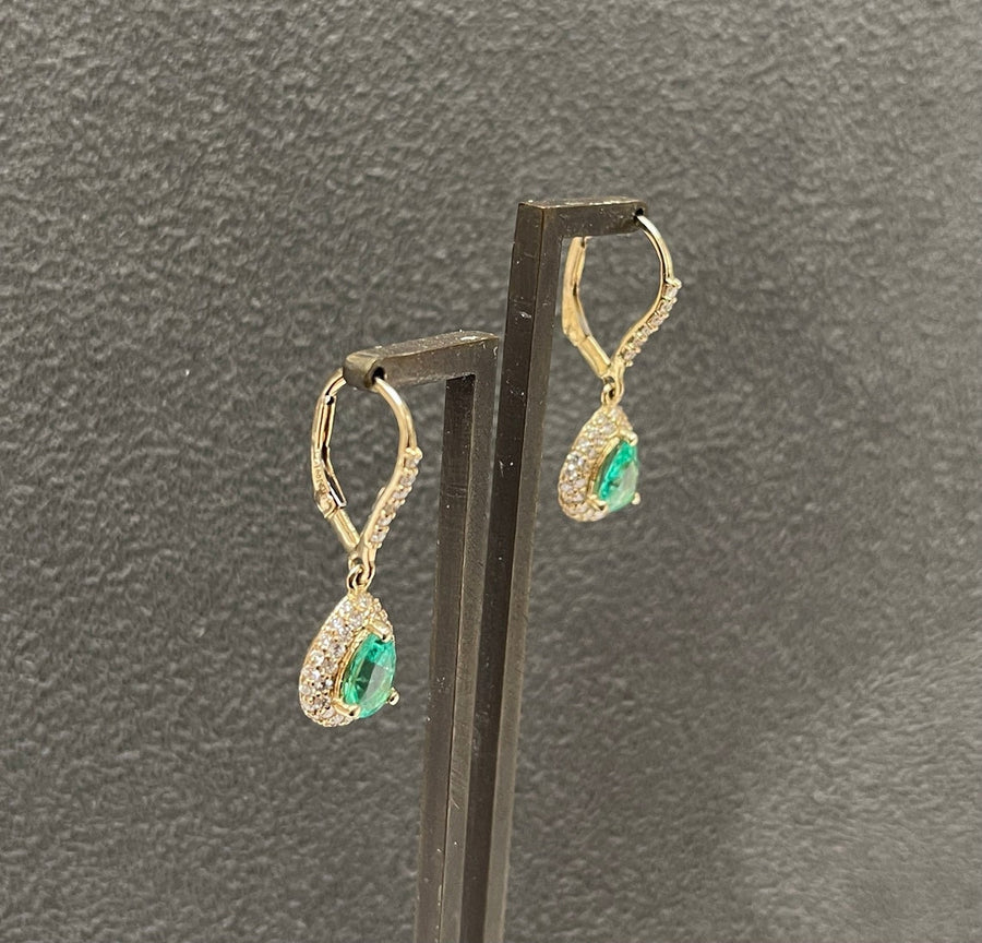 2.30tcw Colombian Emerald & Pave Diamond Teardrop Lever Back Earrings