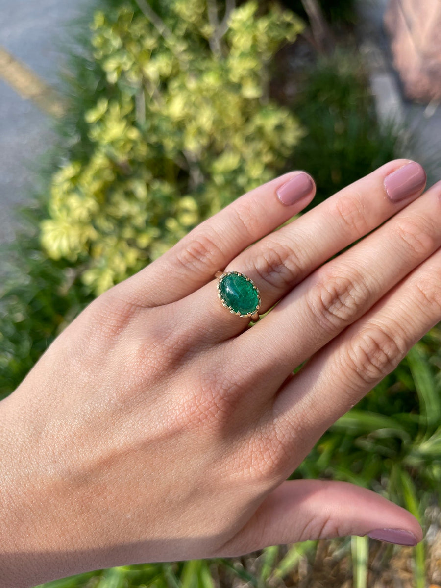 Hand Carved 5.47 Carat Natural Emerald Cabochon Solitaire Scroll Ring 14K