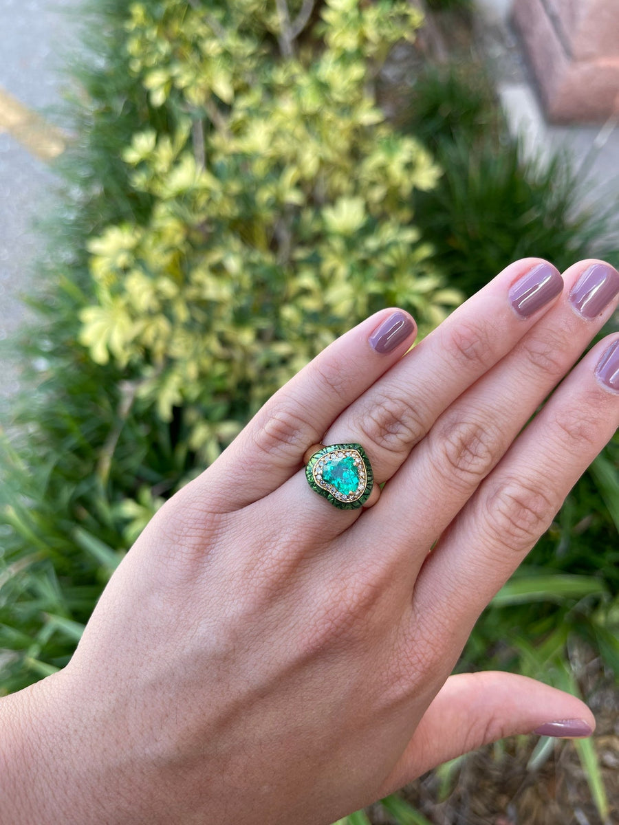 AAA+ 2.50tcw Heart Emerald & Diamond Enamel Bold Cocktail Ring 14K gift