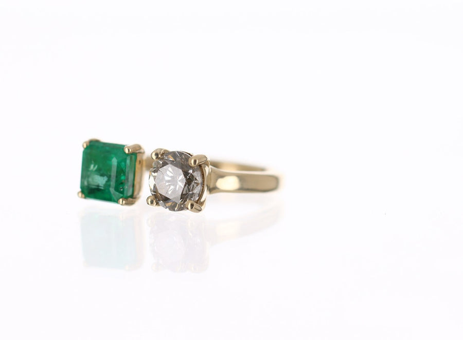 Natural Emerald & Diamond Cuff Toi Et Moi Ring 2.54tcw