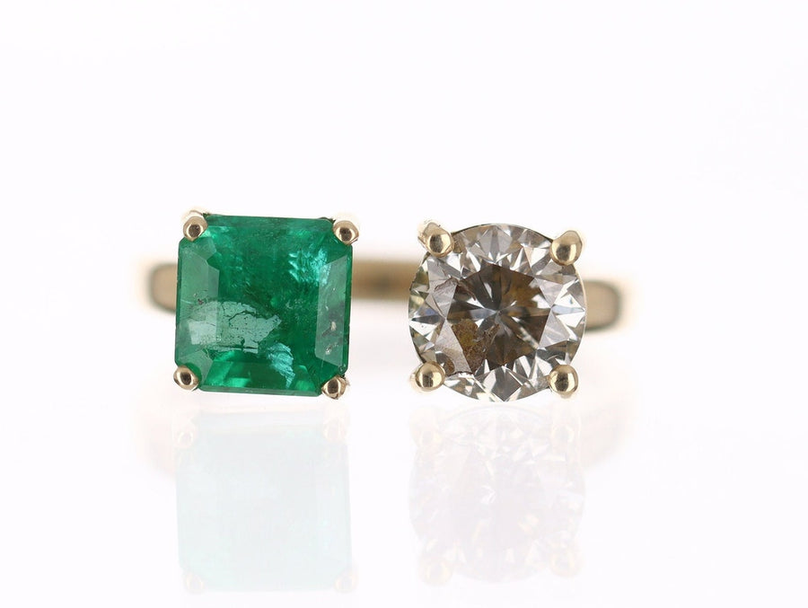 2.54tcw Natural Asscher Emerald & Round Diamond Cuff Toi Et Moi Ring 14K