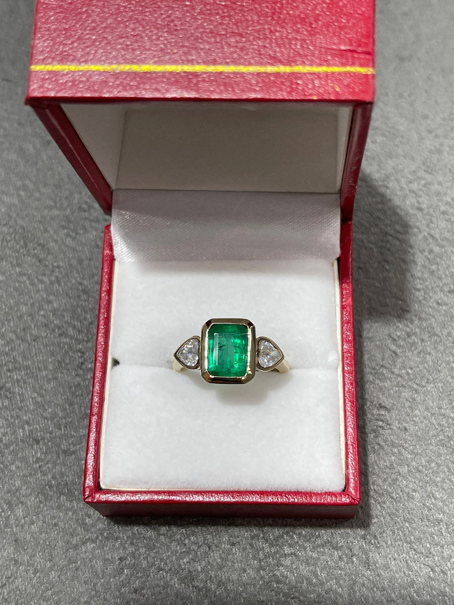 Heart Cut Diamond And Emerald cut emerald 2.54tcw Three Stone Ring Gold 14K